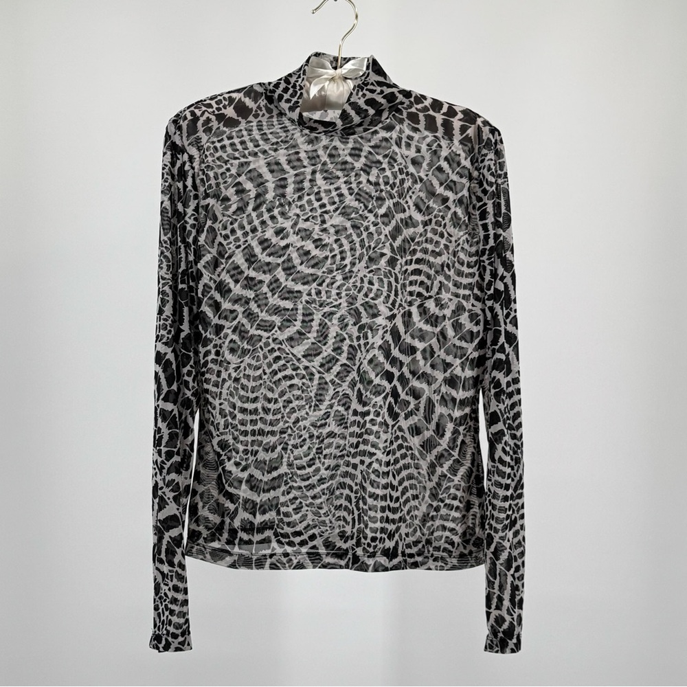 St. John Sport Mesh Feather Print Semi Sheer Long Sleeved Mock Turtleneck Size M
